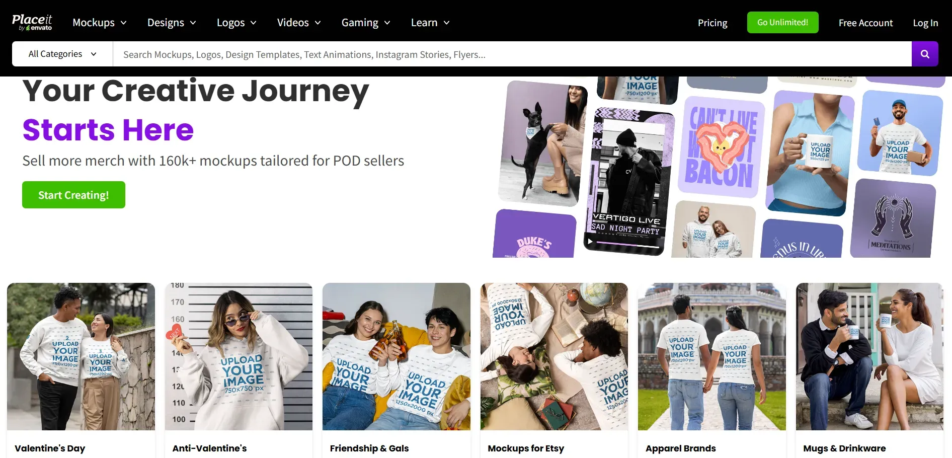 Placeit homepage showing mockup templates for apparel, mugs, and merch